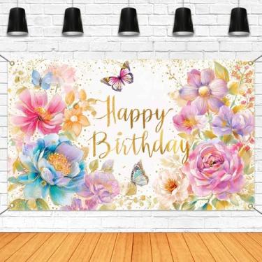 Imagem de Mocsicka Banner floral feliz aniversário para mulheres flores rosa flores meninas decorações de festa de aniversário primavera borboleta feliz aniversário fotografia suprimentos de fundo (floral, 70,8