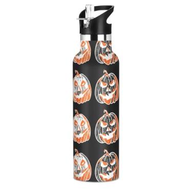Imagem de Garrafas de água isoladas de aço inoxidável de 590 ml com tampa de canudo para bebidas frias ou quentes, abóboras frias de Halloween, preto, livre de BPA, copos de viagem a vácuo de parede dupla para