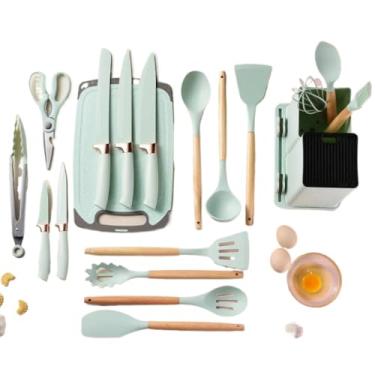 Imagem de Mini Kit Completo Jogo Utensílios de Cozinha 19 Peças Com Tábua em Silicone Espátula Faca Tesoura 890g(VERDE)