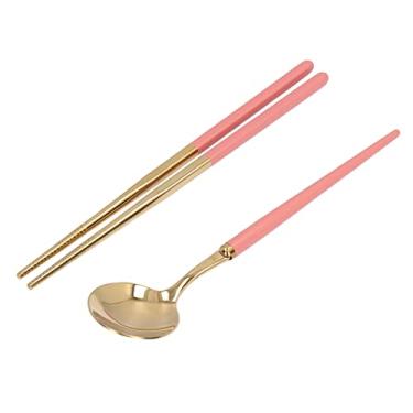 Imagem de GLOGLOW Conjunto de Talheres Com Caixa de Armazenamento de Viagem, Utensílios Reutilizáveis, Pauzinhos, Garfo e Colher, 19 Cm, Leve para Camping Talheres de Aço Inoxidável Nan (Ouro Rosa)