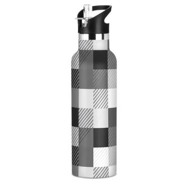 Imagem de Garrafa de água isolada de aço inoxidável de 590 ml com tampa de canudo para bebidas frias ou quentes, tabuleiro de xadrez alternado preto livre de BPA, copo de viagem para crianças e meninas