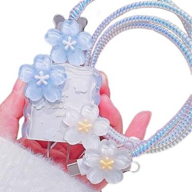 Imagem de Protetor de cabo faça você mesmo para adaptador de carregador de iPhone, protetor de carregador, flor fofa 3D Sakura Rose floral, protetor de cabo de linha, protetor de fio USB-C 18W/20W para iPhone