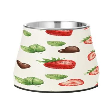 Imagem de CEBUGI Tigelas de aço inoxidável para cães e gatos, resistentes à ferrugem, removíveis, para cães e gatos, tigela elevada antiderrapante para alimentação de cães e gatos, morangos vermelhos