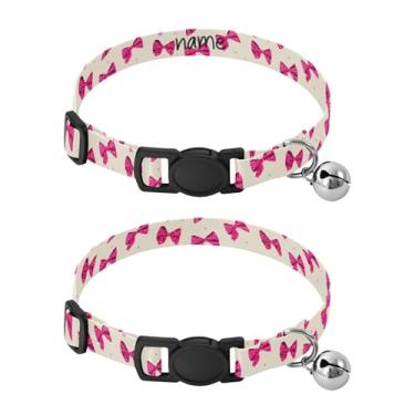 Imagem de SEHANY Conjunto de 2 coleiras de cachorro com laço rosa fofo, fivela de plástico resistente, leve, macia e leve, com sino pequeno, coleiras personalizadas com nome de animal de estimação para meninos