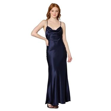 Imagem de MORGAN AND CO. Vestido feminino drapeado com gola drapeada Charmeuse - Vestido maxi elegante de cetim com laço nas costas - Roupa formal para a noite para adolescentes, Azul marino, PP