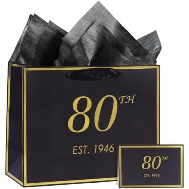 Imagem de momoake Saco de presente de aniversário de 80 anos com cartão e papel de seda para homens e mulheres, 1946 80 anos 33 cm elegante ouro preto lembrança festa presente compras sacos de papel para