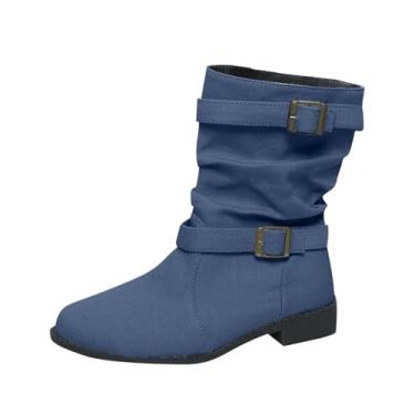 Imagem de Bota feminina jeans com fivela e salto grosso, bico redondo, cano baixo, para outono e inverno, Azul royal, 36