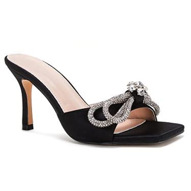 Imagem de VETASTE Sandálias femininas de salto alto, bico aberto, laço duplo, cetim, salto mules, festa de casamento, sem cadarço, salto alto, Preto, 40