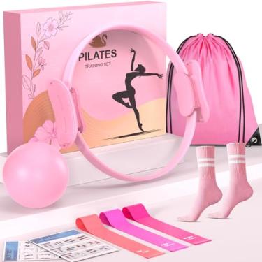 Imagem de Consripie Conjunto de anel de Pilates para presente de 38 cm, círculo mágico premium antideformação, 3 faixas de resistência, bola de ioga e meias antiderrapantes | Kit de treino em casa elegante para
