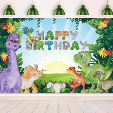 Imagem de YongFoto 2,1 x 1,5 m fundo de dinossauro, aniversário, desenho animado, verde, floresta, plantas, grama, floral, sol, fotografia de fundo para crianças, aniversário, festa de dinossauro, chá de bebê