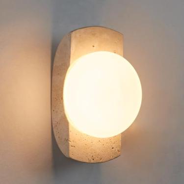 Imagem de Lâmpada de parede travertino, arandela de parede de pedra real orgânica feita à mão, luz de parede estilo natural, luz de parede travertino para entrada, corredor, quarto, sala de estar