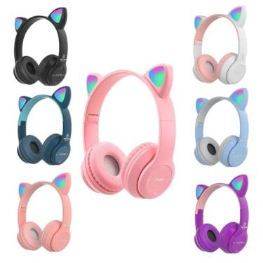 Imagem de Fone de Ouvido Infantil Bluetooth Sem Fio com Orelhas de Gatinho LED, Microfone, Ajustável Dobrável e Recarregável - Azul