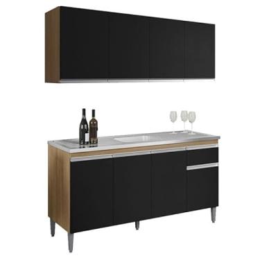 Imagem de Balcão de Pia Tatiane 145 cm e Armário AÃ:copyright:reo Andreia 4 Portas 150 cm Amêndoa Preto - AJL