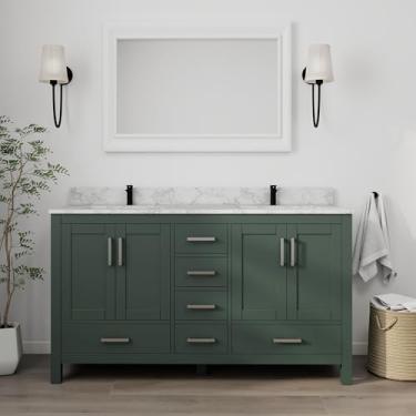 Imagem de HIGEINE Vaidade de banheiro premium de 152 cm com pia, 4 portas e 6 gavetas, armário de madeira independente com pia integrada, orifício de torneira pré-perfurado - fácil montagem (verde)