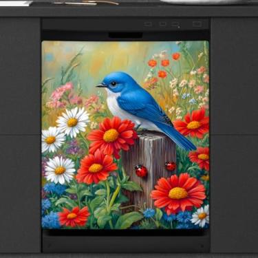 Imagem de Flores da primavera, pássaros, lava-louças, ímã, capa frontal para lava-louças, decoração, reutilizável, painel de porta, decalque, eletrodomésticos, adesivos, cozinha, geladeira, geladeira, 58 cm x