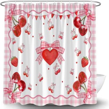 Imagem de HUSPWP Cortina de chuveiro cereja vermelha rosa quadriculado vermelho amor coração laço morden feminino romântico doce fruta estética conjunto de cortina de banheiro de tecido dos namorados com gancho