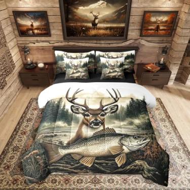 Imagem de Erosebridal Jogo de cama casal de pesca e caça em uma bolsa 7 peças Big Bass Pike Fish com lençóis de caça e veado para meninos, adolescentes e adultos, conjunto de cama rústica de cabana de montanha