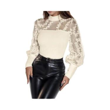 Imagem de Blusa Feminina De Manga Longa Com Renda E Malha, Modelo Fino Versátil 