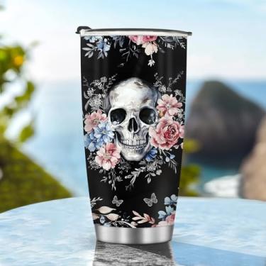 Imagem de Caneca de café com isolamento térmico copo de viagem garrafa de água estilo caveira presentes de Natal aniversário dia das crianças presente de aniversário homens gelados 590 ml alça de aço inoxidável