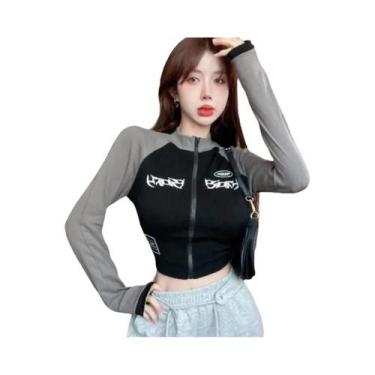 Imagem de Camiseta Cropped Feminina Y2K Vintage De Manga Longa Com Gola Redonda,