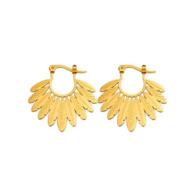 Imagem de Brincos de argola banhados a ouro amarelo 18 K para mulheres, banhado a ouro 18 quilates sobre aço inoxidável, design de folha ou pena, brincos boho com fecho articulado, resistente a manchas, queda