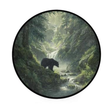 Imagem de ALAZA Tapete redondo de urso preto e cachoeira floresta tapete antiderrapante absorvente para sala de estar, quarto, sala de estudo, 92 cm de diâmetro