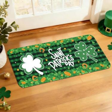 Imagem de Tapete de porta de boas-vindas do Dia de São Patrício 43 x 73 cm, tapete de porta da sorte trevo verde para porta da frente, tapete de entrada antiderrapante de baixo perfil interno e externo