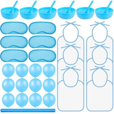 Imagem de Cuffbow Conjunto de 34 peças de jogos de chá de bebê azul inclui babadores de máscara de olho tigela de plástico colher e balão para jogos de chá de bebê vendados revelação de gênero suprimentos de
