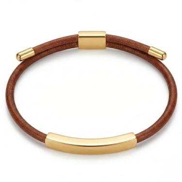 Imagem de Pulseira de couro com barra curvada de aço inoxidável banhado a ouro 18 K para mulheres, pulseira deslizante minimalista de couro genuíno ajustável - joia moderna da amizade, presente para meninas