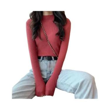 Imagem de Suéter Feminino De Gola Alta Em Malha Macia, Ajuste Slim, Cor Sólida, 