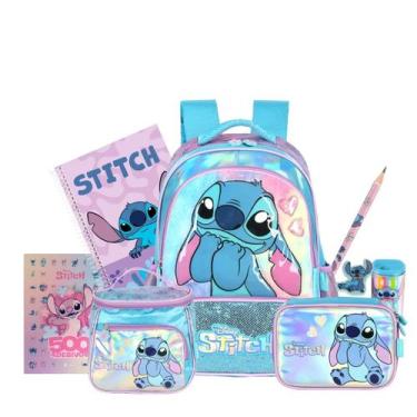 Imagem de Kit Mochila Stitch Costas Lancheira E Estojo Box Holográfico, Azul