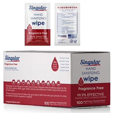 Imagem de Lenços higienizantes para as mãos tamanho de viagem da Singular Wipes – 100 quilates embalados individualmente | Sem fragrância, hidratantes, 70% álcool isopropílico | Viagem, casa, escritório, uso