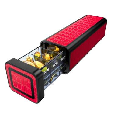 Imagem de Organizador semanal de comprimidos 7 dias, estojo de couro discreto para bolsa ou bolso, organizador de medicamentos diário fácil de deslizar, suporte de vitaminas e suplementos de viagem 1 vez por