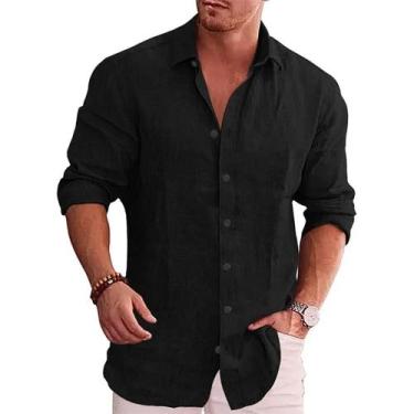 Imagem de Camisa Masculina De Algodão E Linho De Manga Longa, Cor Sólida, Estilo
