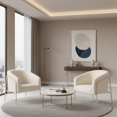 Imagem de Poltrona Sala Decorativa Kit 2 Stella Base Alta Tubo Champanhe Veludo Cotelê D03 - D'rossi Cor Bege