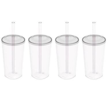 Imagem de 4 Copos com Tampa e Canudo 500ml Crippa Transparente Plástico Água Suc