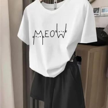 Imagem de Kit Conjunto Feminino Camiseta e Shorts Tac Tel Meow Gato Fofo Estilos