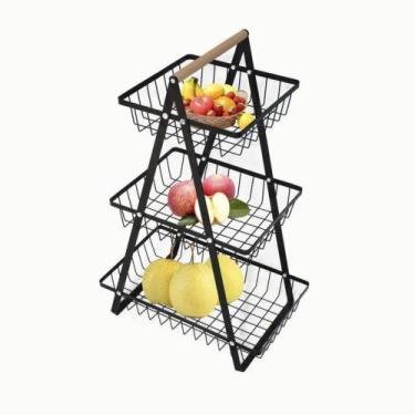 Imagem de Fruteira de Metal Multiuso 3 Andares com Alça em Madeira - Preta - TOP