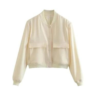 Imagem de Jaqueta Bomber Feminina Branca Cropped De Manga Longa Para Outono/Inve