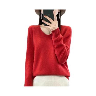 Imagem de Suéter Feminino De Lã Merino E Cashmere Com Decote Em V, Manga Longa, 