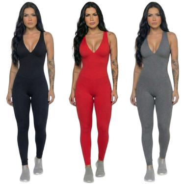 Imagem de KIT 3 Macacão Liso Longo Com Bojo Serra e Mar Modas Academia Treino Suplex Fitness Feminina-Feminino