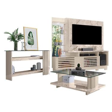 Imagem de Estante Home Theater com Pés e Aparador com Mesa de Centro Frizz Plus Calacata Off White – Madetec
