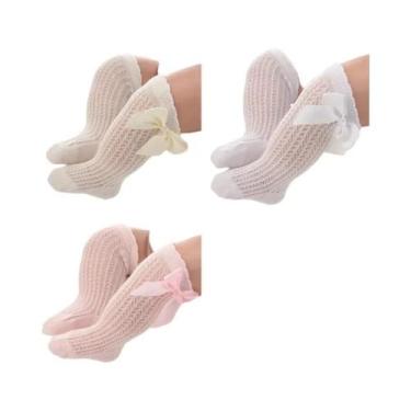 Imagem de Meias de Algodão para Bebê - 3 Pares Respiráveis com Laço - Recém-Nasc