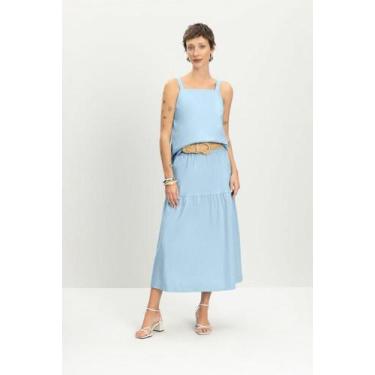 Imagem de Saia feminina midi em linho Essendi -AZUL CLARO, G, Azul claro