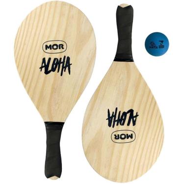 Imagem de Kit Frescobol Aloha de Madeira com 2 Raquetes e 1 Bolinha Bege para Praia Ou Campo Mor