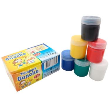 Imagem de Tinta Têmpera Guache Escolar Solúvel em Água Não Tóxica 6 Cores de 15ml Azul Vermelho Preto Amarelo Branco Verde