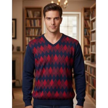 Imagem de Blusa Tricot Masculina Losangos V - Giuliana Marques Tricot, Azul, G