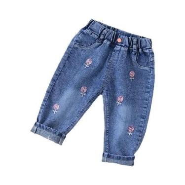 Imagem de Calças Jeans Para Meninas Com Bordado De Morango, Cintura Elástica, Pr