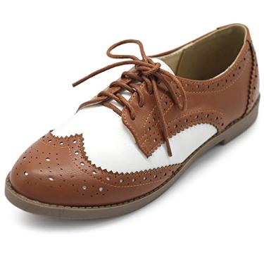 Imagem de Ollio sapato feminino liso com cadarço e dois tons Oxford, Marrom, 10