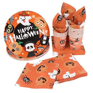 Imagem de Conjunto de louça descartável de Halloween – Serve 24 – Hemoton Paper Tableware Halloween Party Supplies incluindo 24 pratos de papel, 48 guardanapos e 24 xícaras